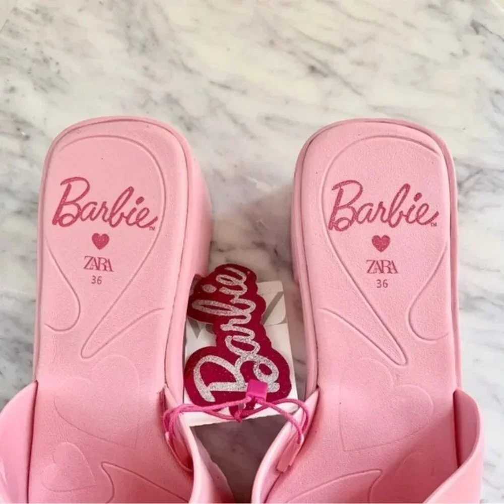 π Barbie x ZARA Pink Rubber Slides Heeled Sandals 6 36 - Picture 8 of 10